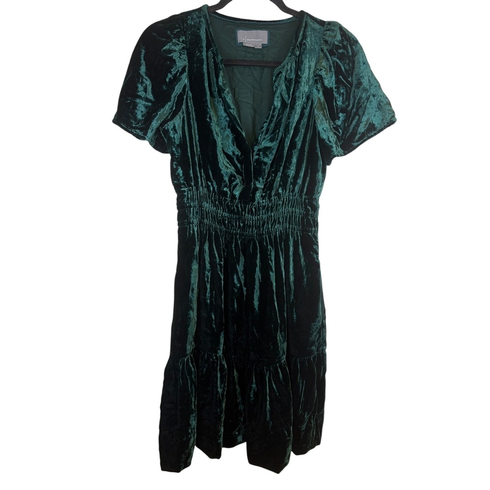 Anthropologie Green Velvet Smocked Waist Tiered Mini Dress V-Neck Puff Sleeve XS